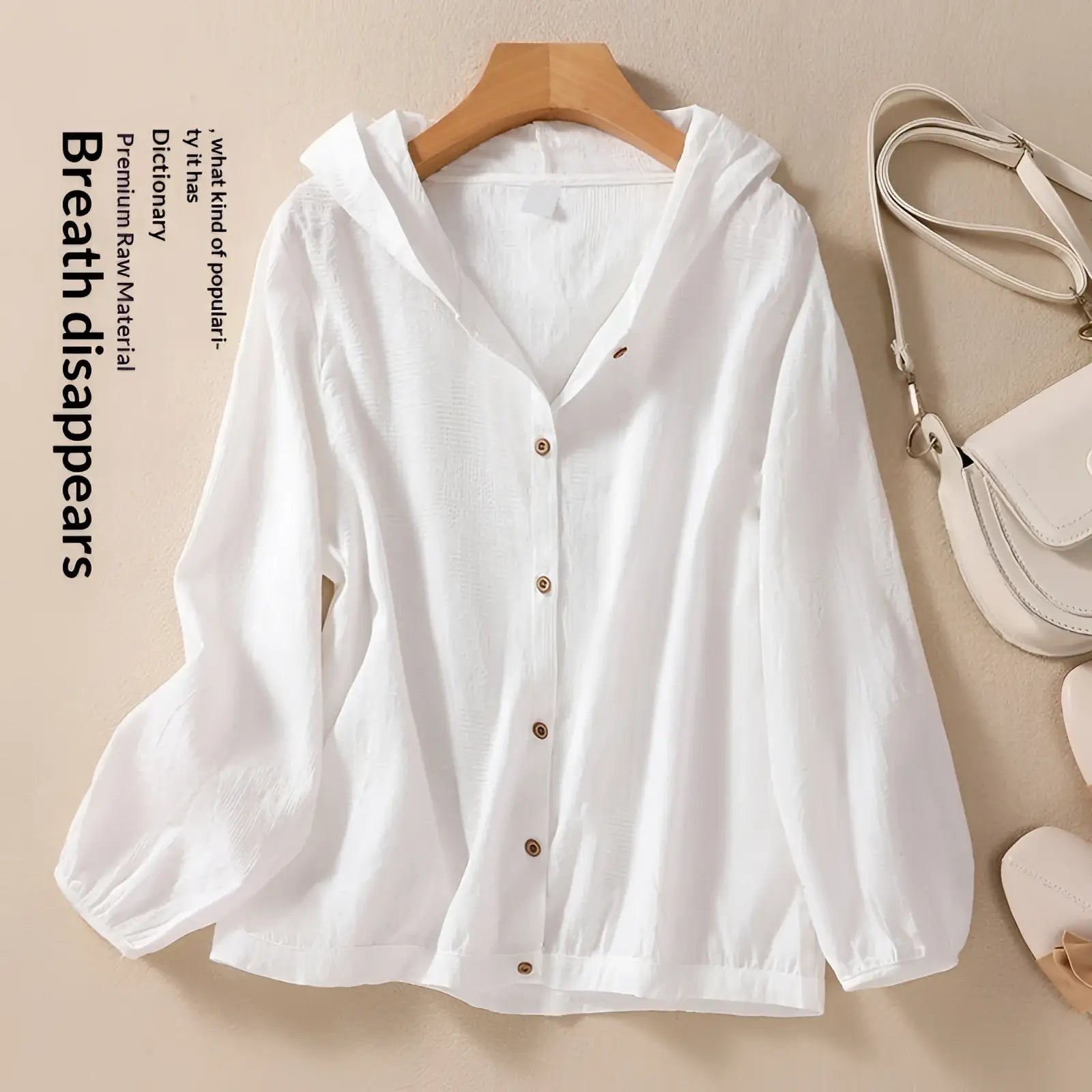 Plus size white hooded linen shirt top with lightweight textured fabric subtle vertical ribbing and brown buttons
