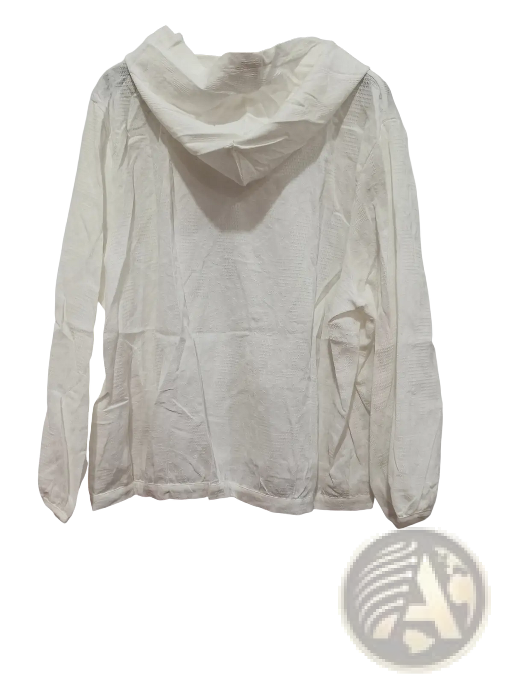 Plus size white hooded linen shirt top made of lightweight textured fabric with long sleeves for casual wear