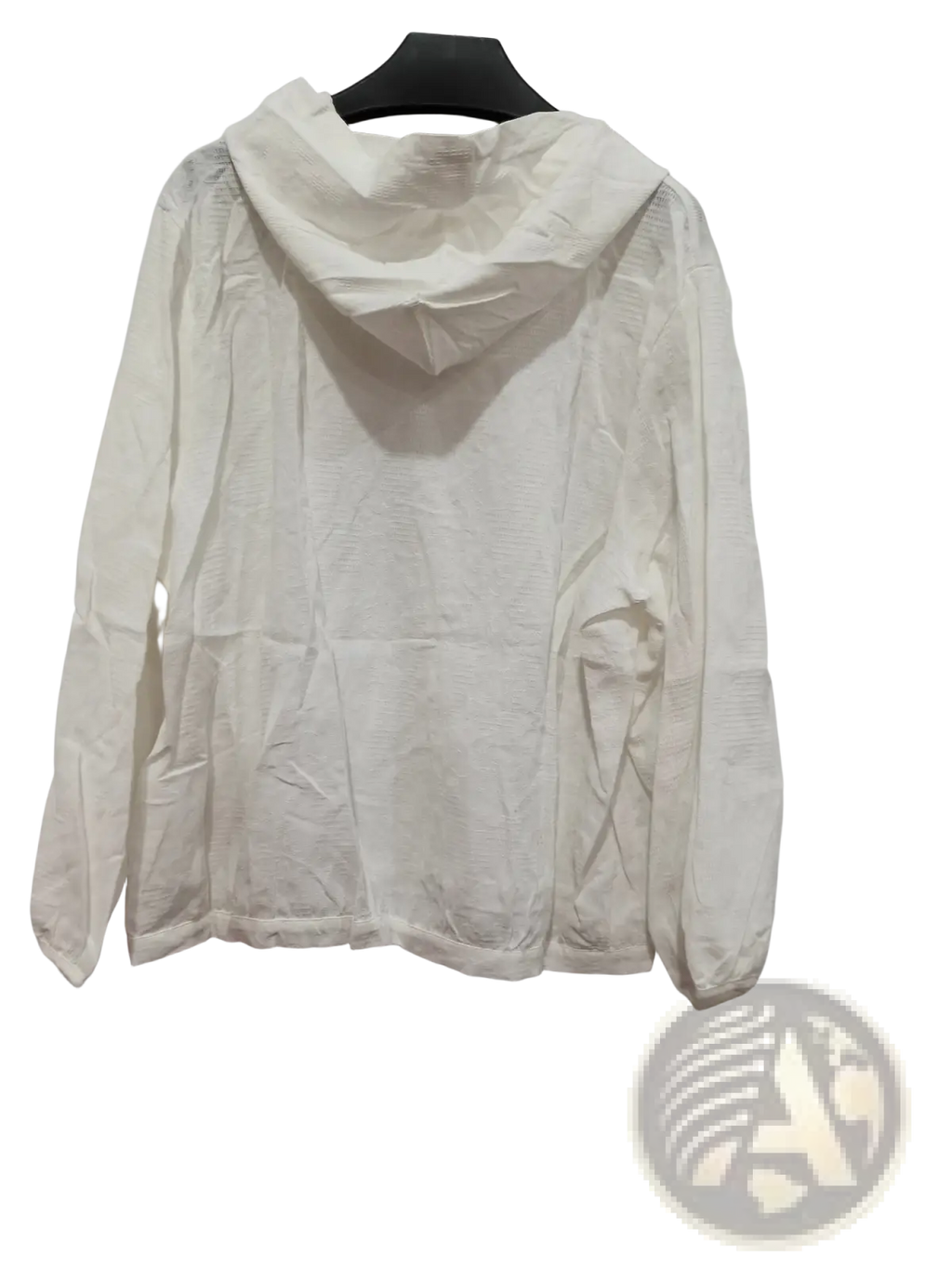 Plus size white hooded linen shirt top with lightweight textured fabric and elasticized cuffs
