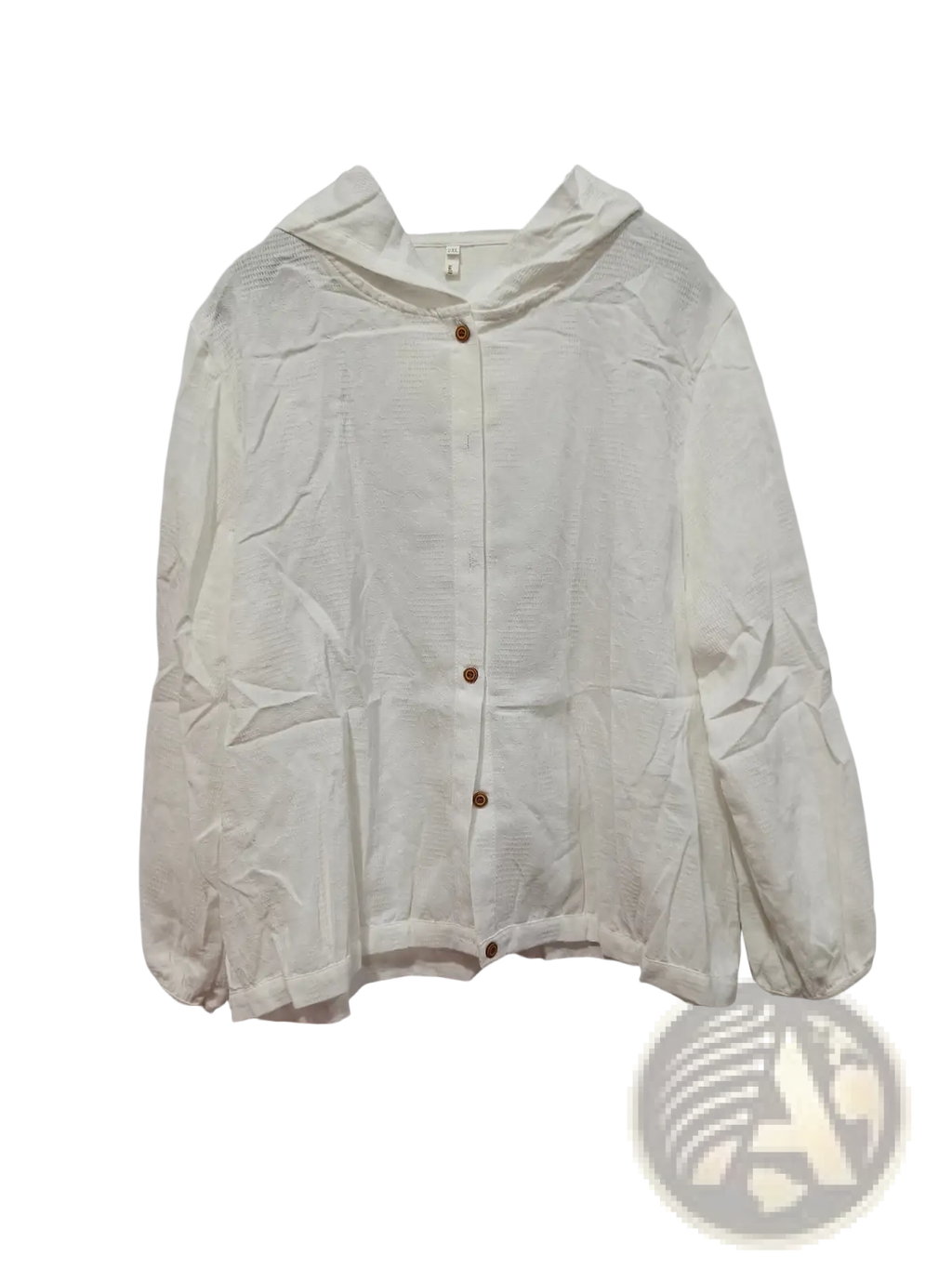 Plus size white textured cotton hoodie jacket with brown buttons made from linen for casual wear
