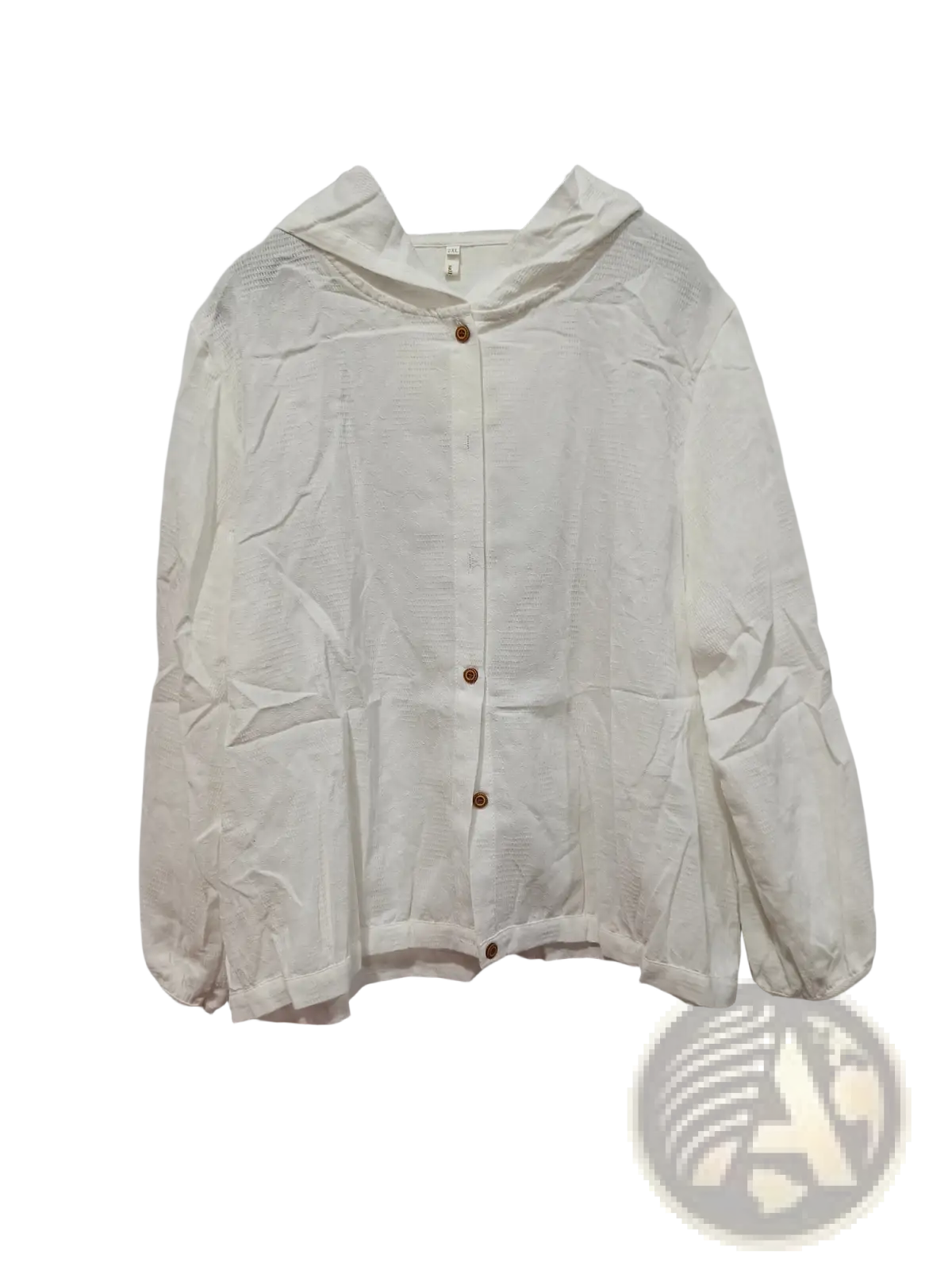 Plus size white textured cotton hoodie jacket with brown buttons made from linen for casual wear