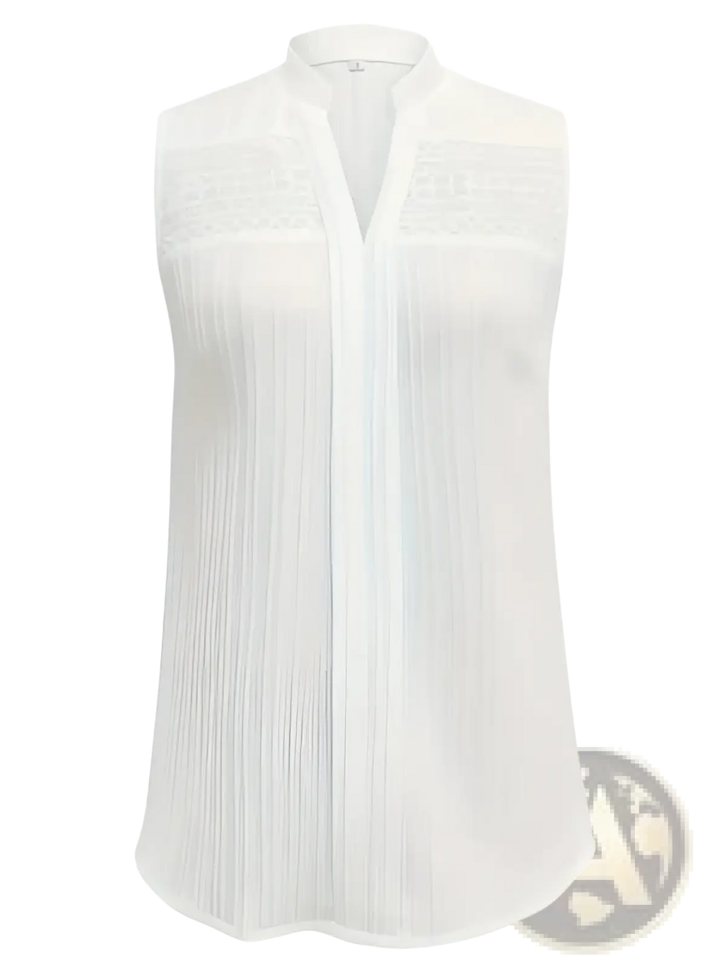 Plus size light blue sleeveless blouse with delicate lace trim and subtle pleated texture at the chest