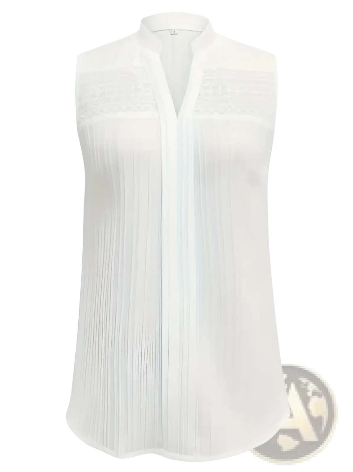 Plus size light blue sleeveless blouse with delicate lace trim and subtle pleated texture at the chest