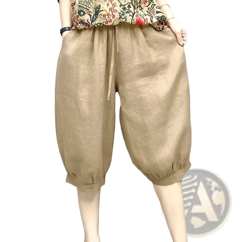 Beige plus size linen harem capri pants with drawstring waist and elastic cuffs for comfortable casual wear
