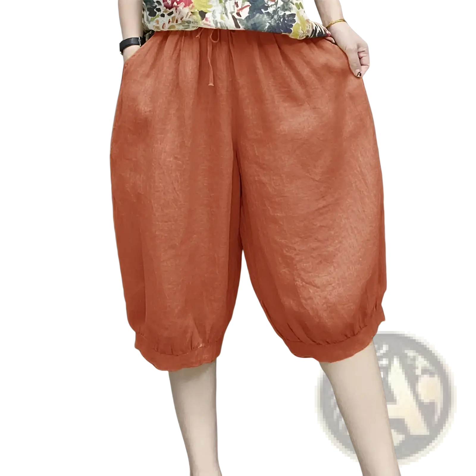 Plus size linen harem capri pants in cotton-orange with drawstring waist and elastic cuffs for a loose fit