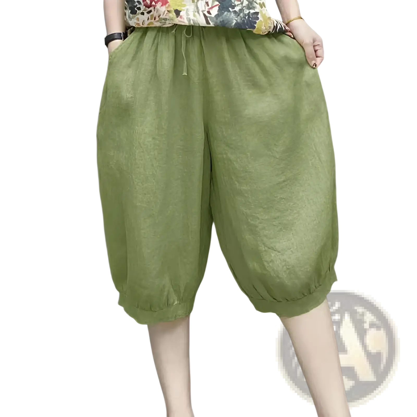 Plus size olive green linen harem capri pants with drawstring waist and elasticated cuffs for comfortable wear