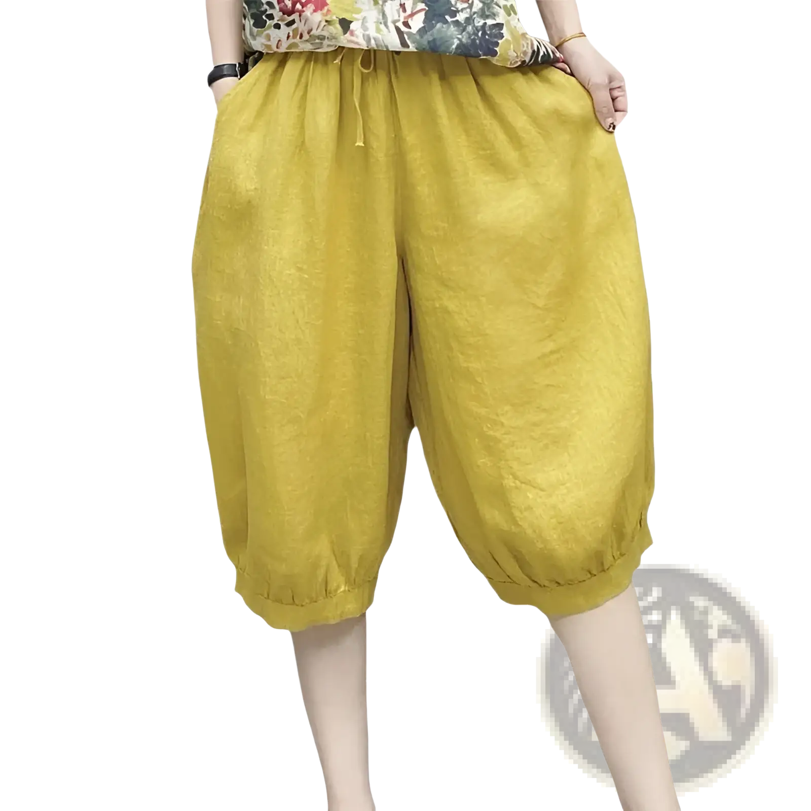 Plus size yellow linen harem capri pants with drawstring waist and elastic cuffs for comfortable casual wear