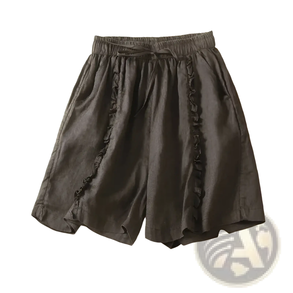 Plus size dark gray linen shorts with wide leg ruffled side details and elastic waistband for casual wear
