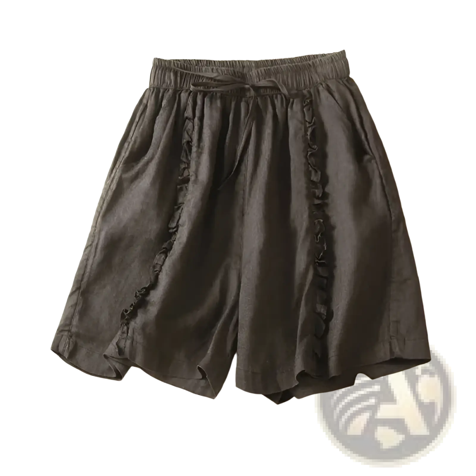 Plus size dark gray linen shorts with wide leg ruffled side details and elastic waistband for casual wear