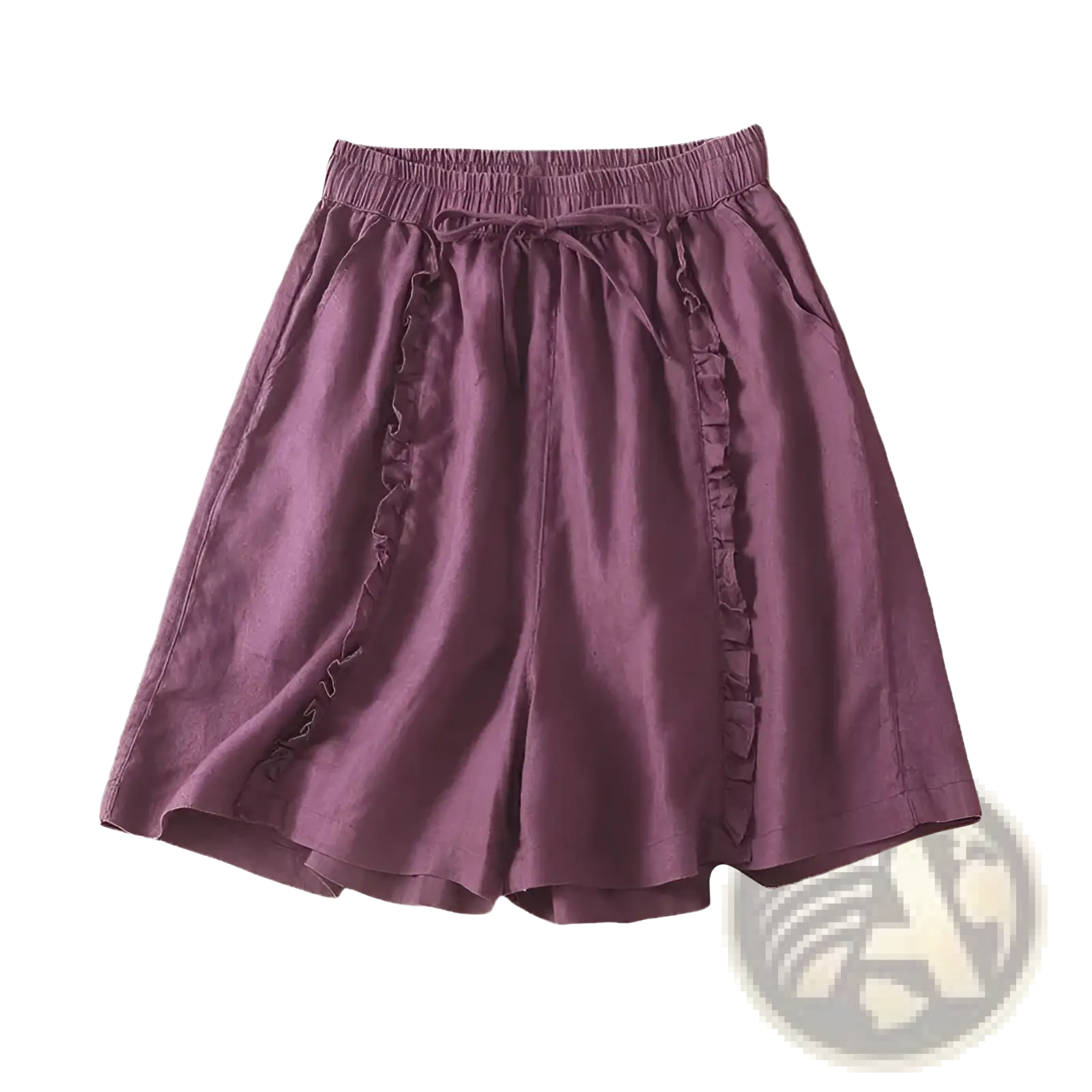 Plus size purple linen shorts with wide leg ruffles elastic waistband and drawstring for casual wear