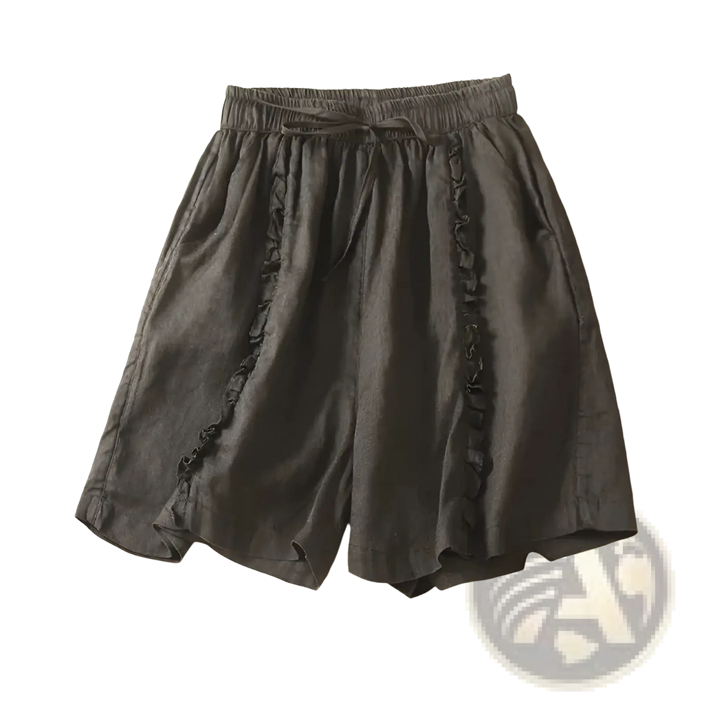 Plus size dark gray linen shorts with wide leg ruffled side details and elastic waistband for casual wear
