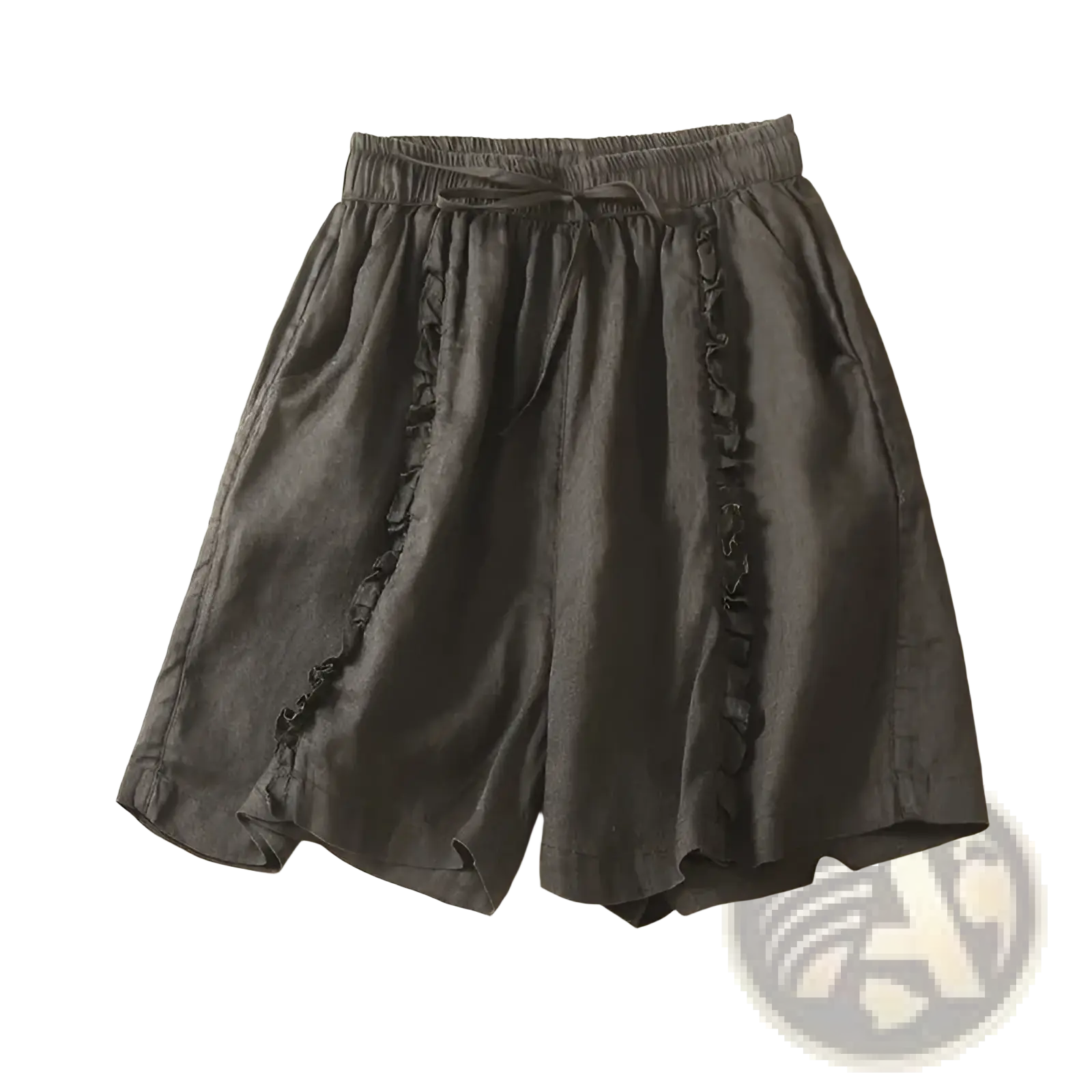 Plus size dark gray linen shorts with wide leg ruffled side details and elastic waistband for casual wear