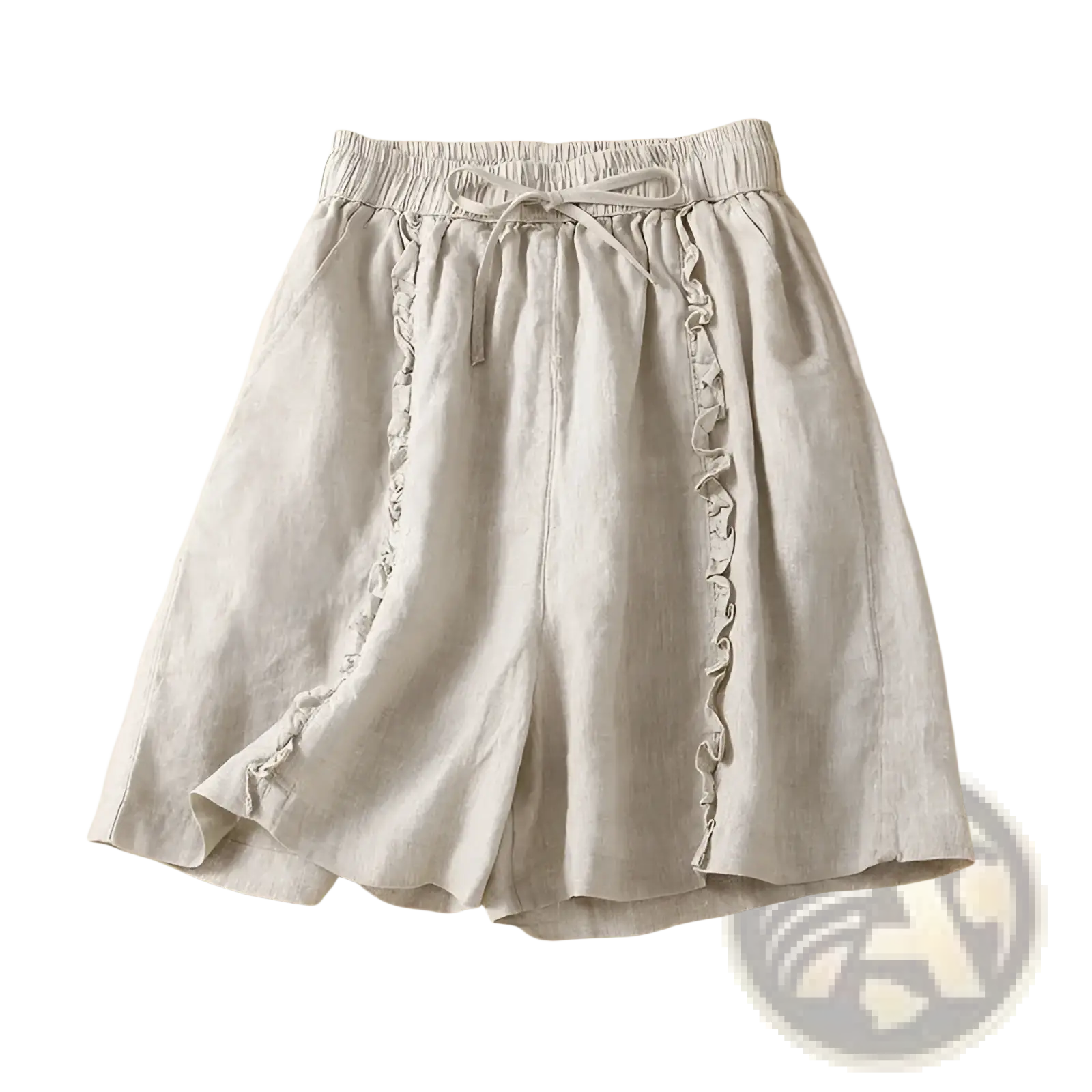 Plus size light gray linen shorts with wide leg ruffled side details and elastic waistband for casual wear