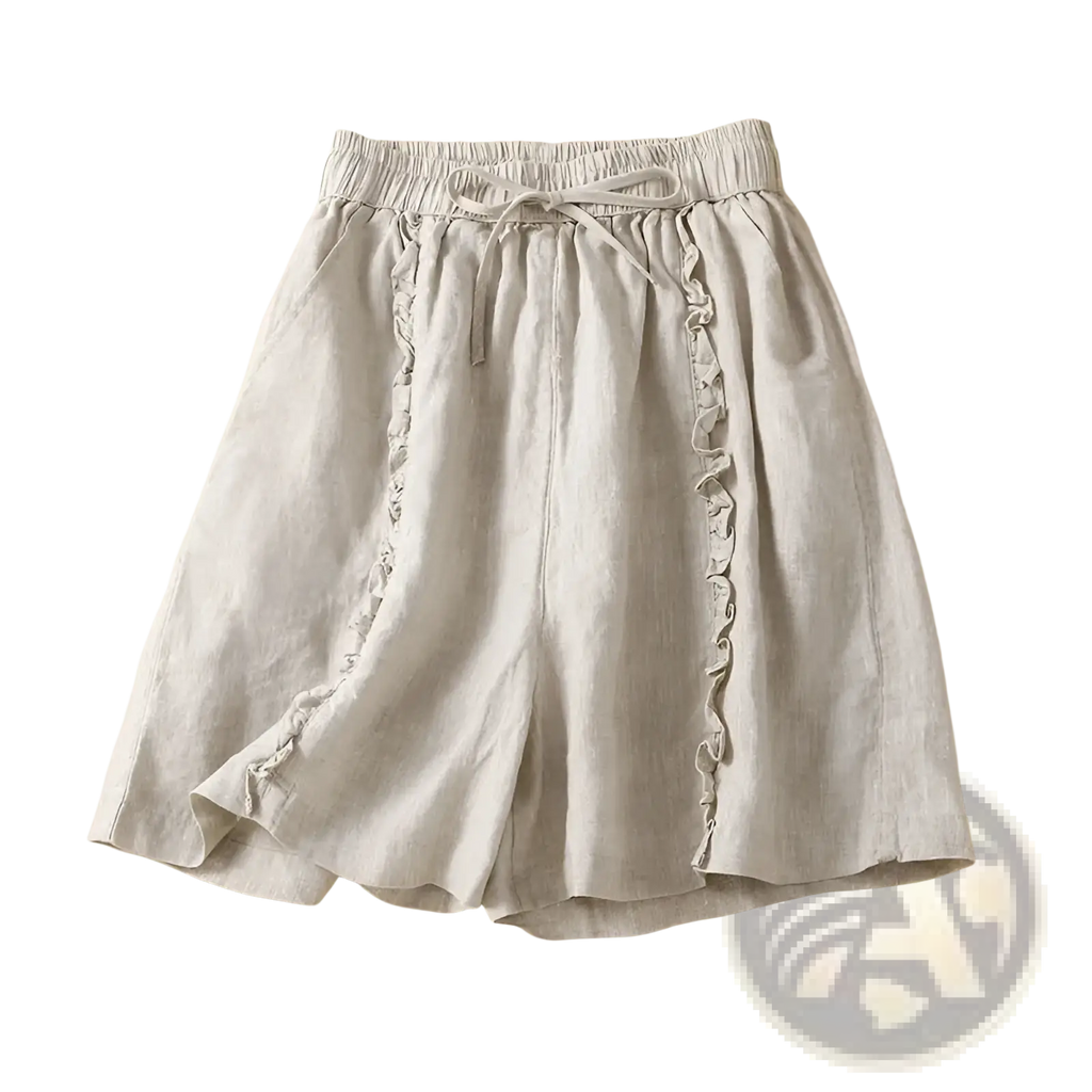 Plus size light gray linen shorts with wide leg ruffled side details and elastic waistband for casual wear