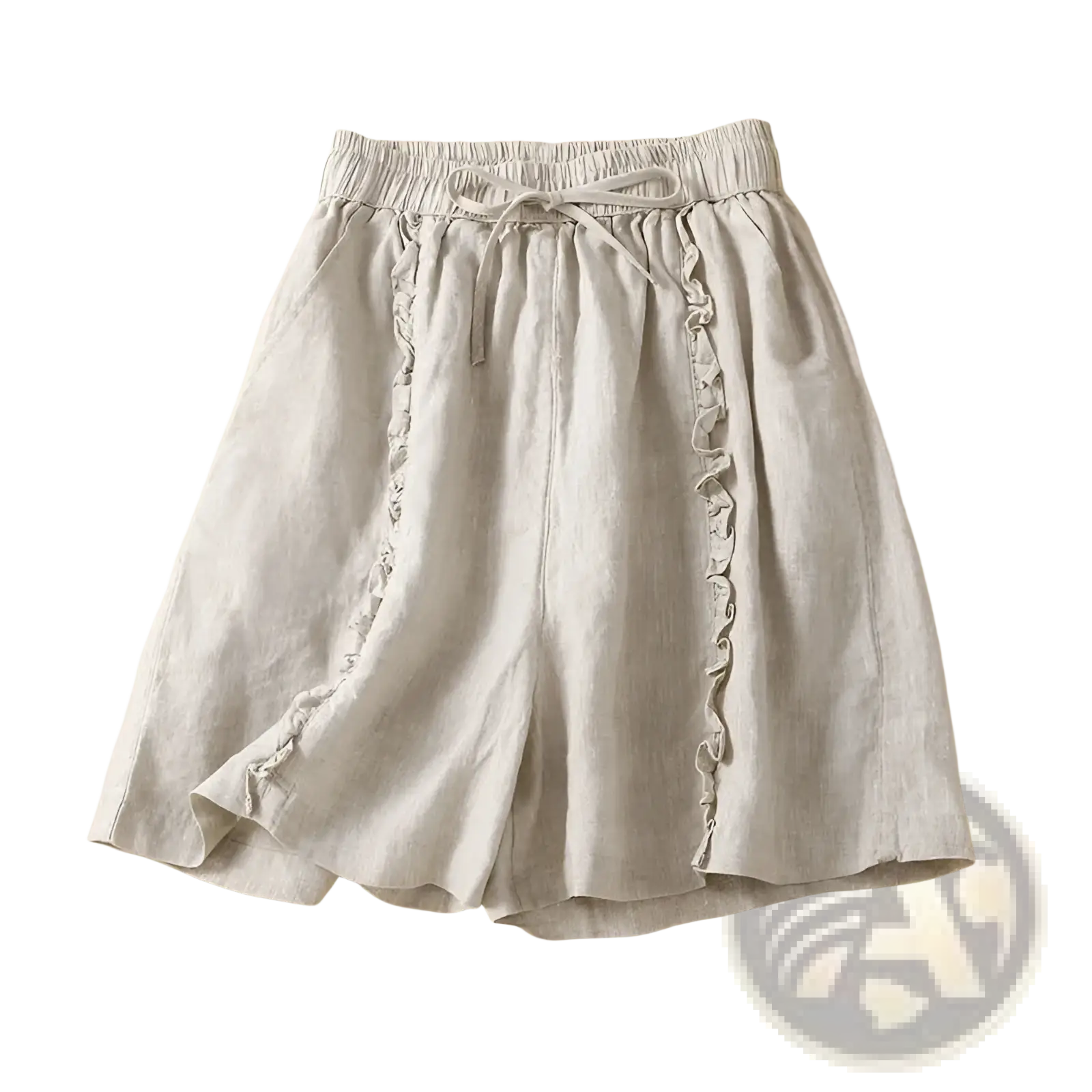 Plus size light gray linen shorts with wide leg ruffled side details and elastic waistband for casual wear