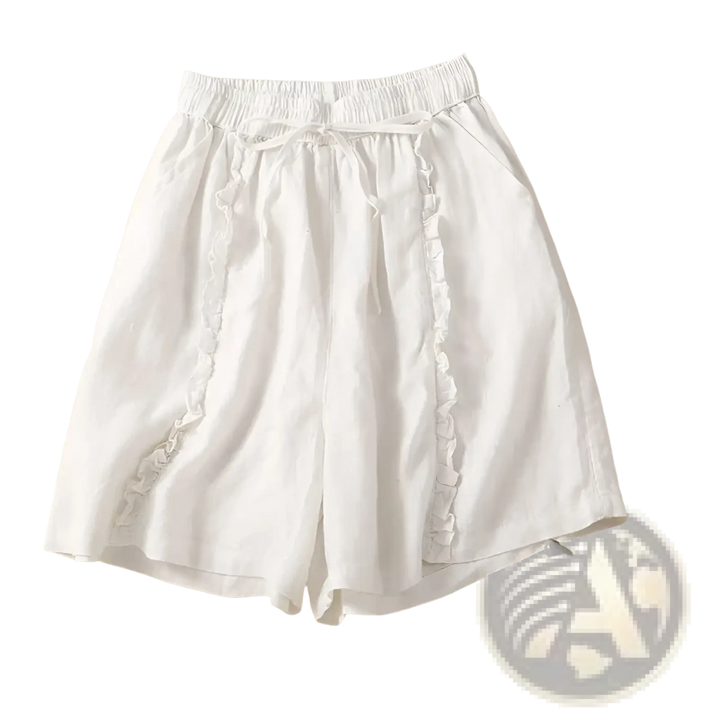 Plus size white linen shorts with wide leg ruffled side details and an elastic waistband for casual wear