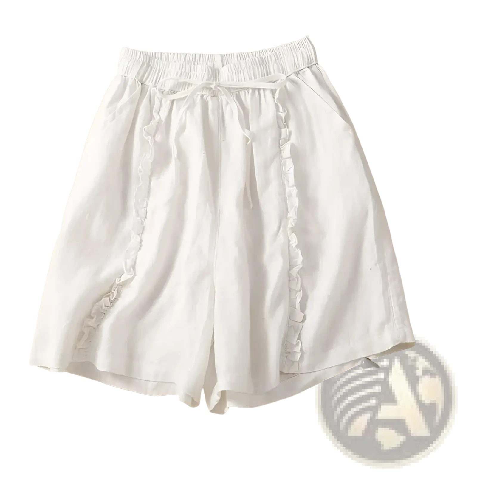 Plus size white linen shorts with wide leg ruffled side details and an elastic waistband for casual wear