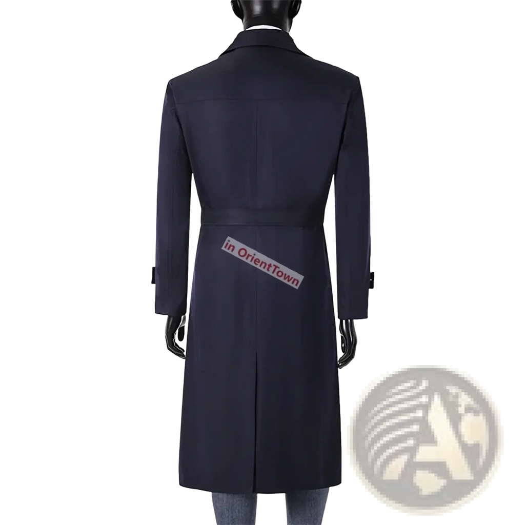Plus size long navy blue trench coat for men with double-breasted design and belted waist on mannequin