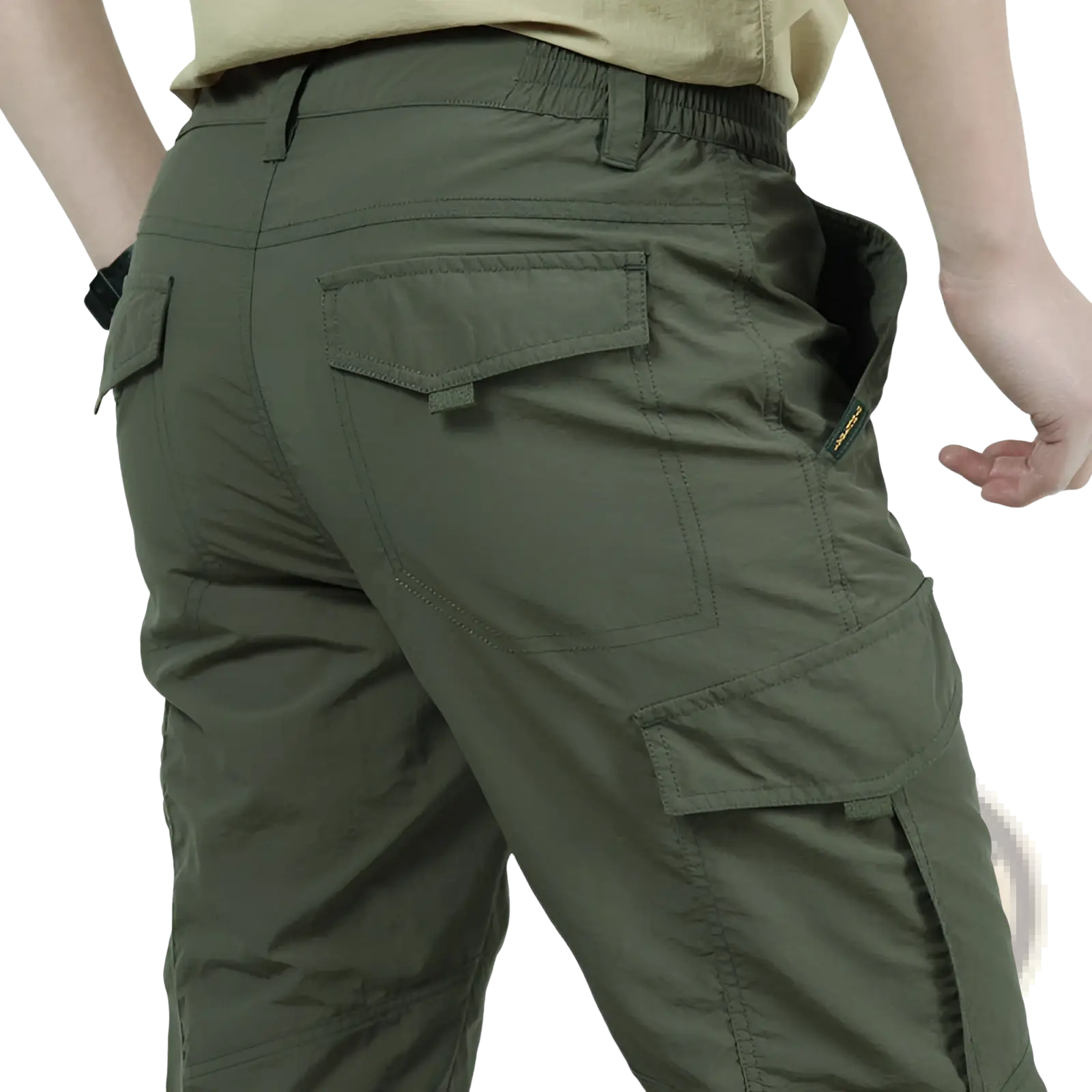 Plus size olive green tactical cargo pants with multiple pockets and drawstring waistband for durable use