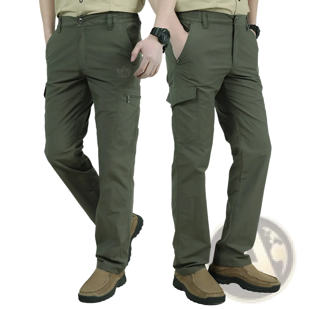 Plus size loose olive green cargo pants with multiple pockets and subtle brand logo durable tactical trousers