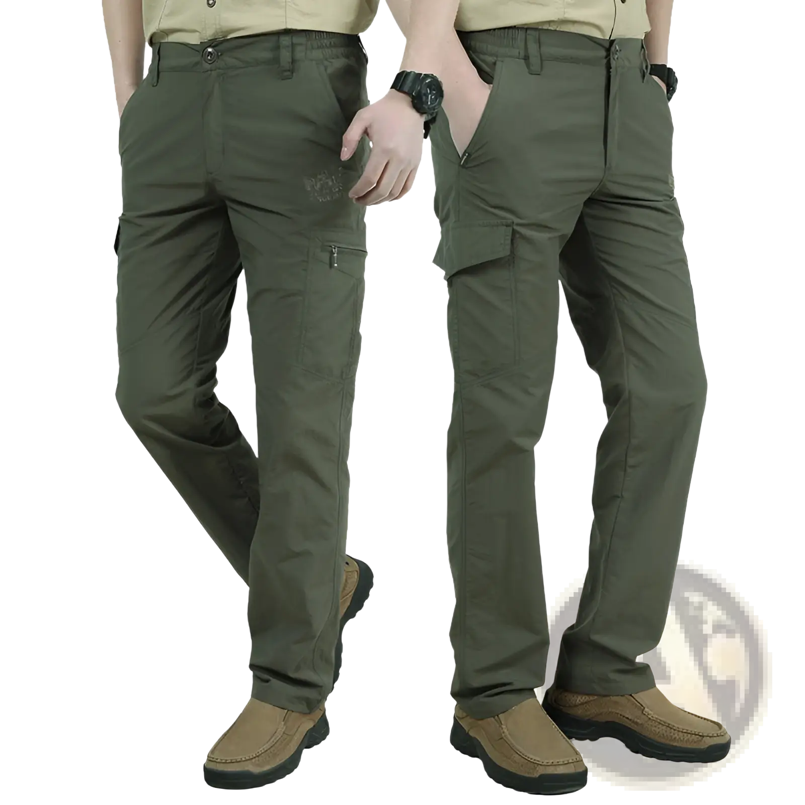 Plus size loose olive green cargo pants with multiple pockets and subtle brand logo durable tactical trousers
