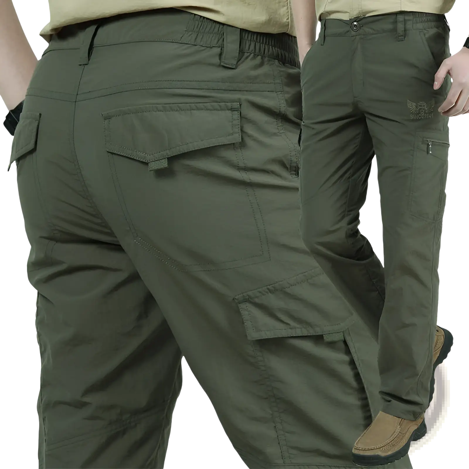 Plus size olive green loose cargo pants with multiple pockets and drawstring waistband durable tactical trousers