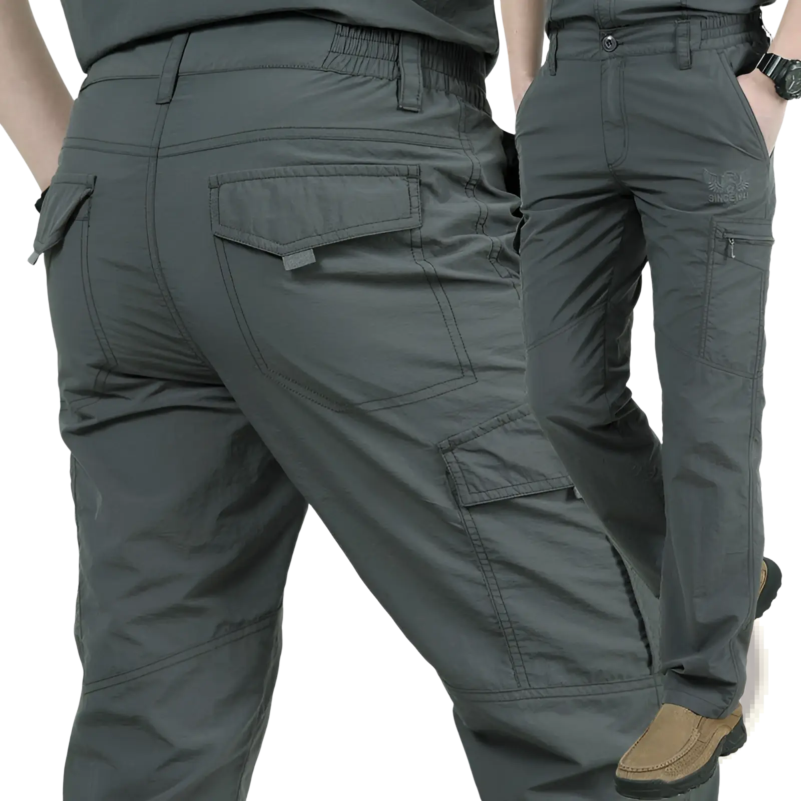 Plus size loose cargo pants made of dark gray durable fabric with multiple pockets and an elastic waistband for tactical use
