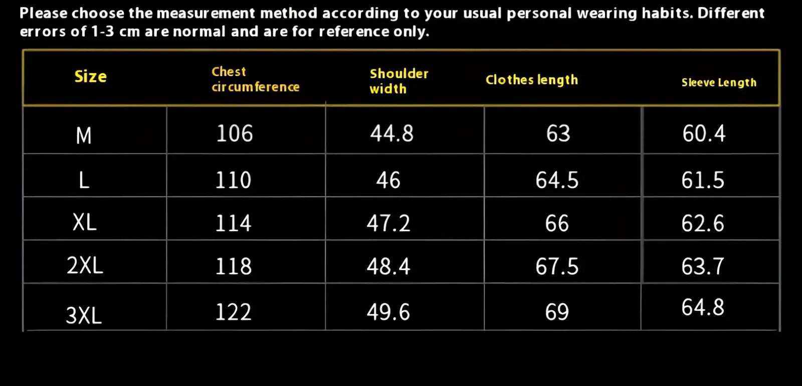 Size chart in centimeters for plus size men dark blue denim jacket coat available in sizes m to 3xl