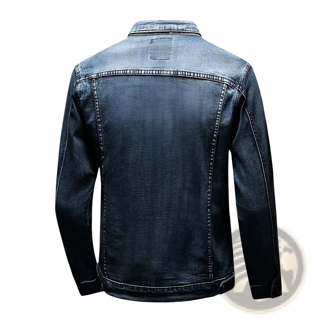 Plus size men dark blue denim jacket coat with classic stitching and collar made of durable denim material