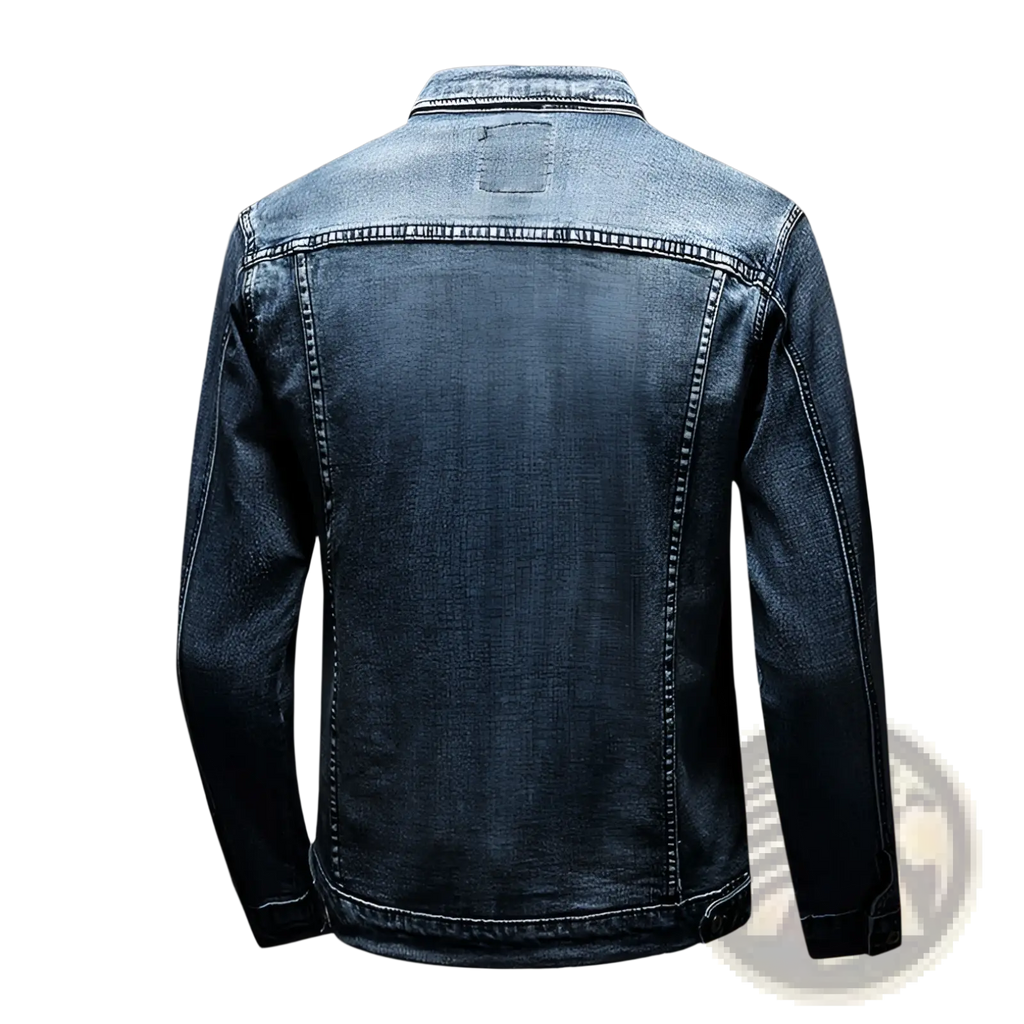Plus size men dark blue denim jacket coat with classic stitching and a subtle faded wash on durable denim fabric