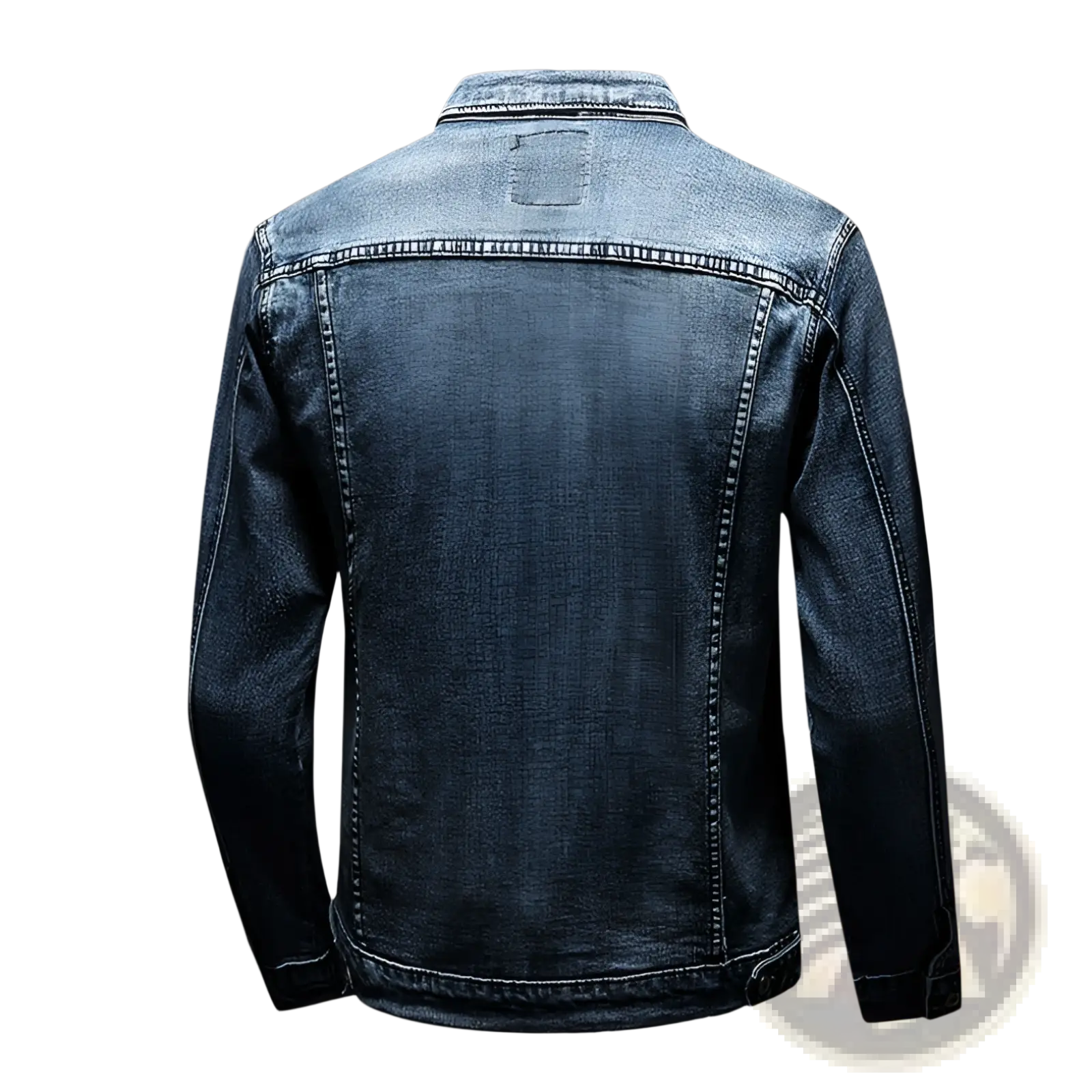 Plus size men dark blue denim jacket coat with classic stitching and a subtle faded wash on durable denim fabric