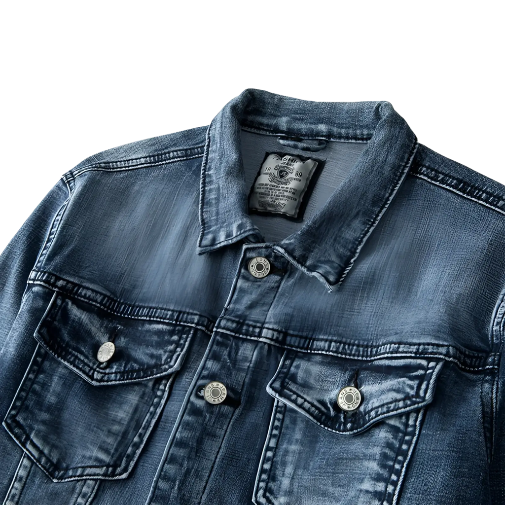 Plus size men dark blue denim jacket coat with classic collar silver buttons chest pockets and visible stitching details