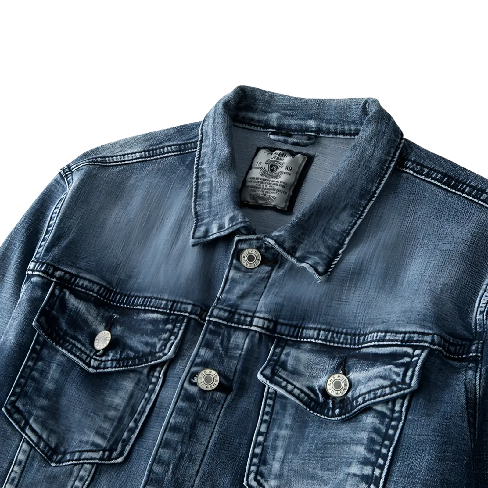 Plus size men dark blue denim jacket coat with classic collar silver buttons chest pockets and visible stitching details