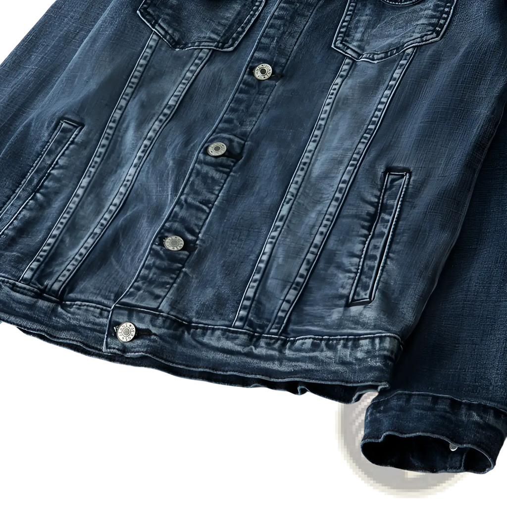 Plus size men dark blue denim jacket coat with silver-toned buttons and classic stitching in dark blue denim material