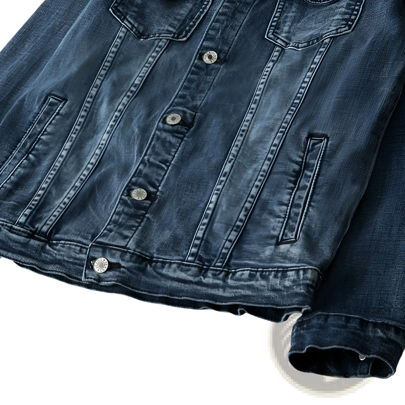 Plus size men dark blue denim jacket coat with silver-toned buttons and classic stitching in dark blue denim material