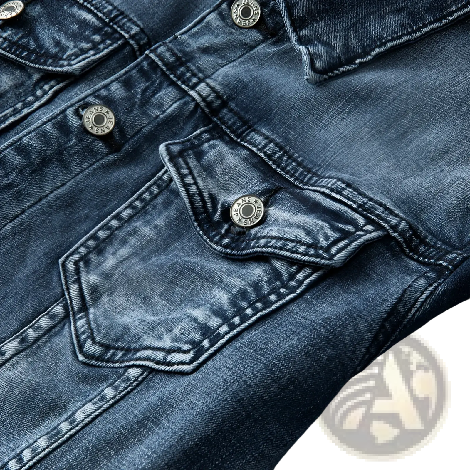 Plus size men dark blue denim jacket coat with silver-toned metal buttons and stitched pocket details