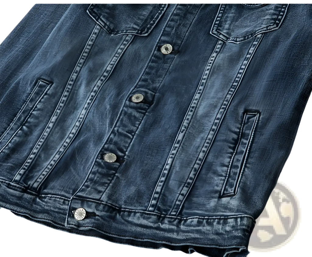 Plus size men dark blue denim jacket coat with silver toned buttons and stitched pockets made of denim material