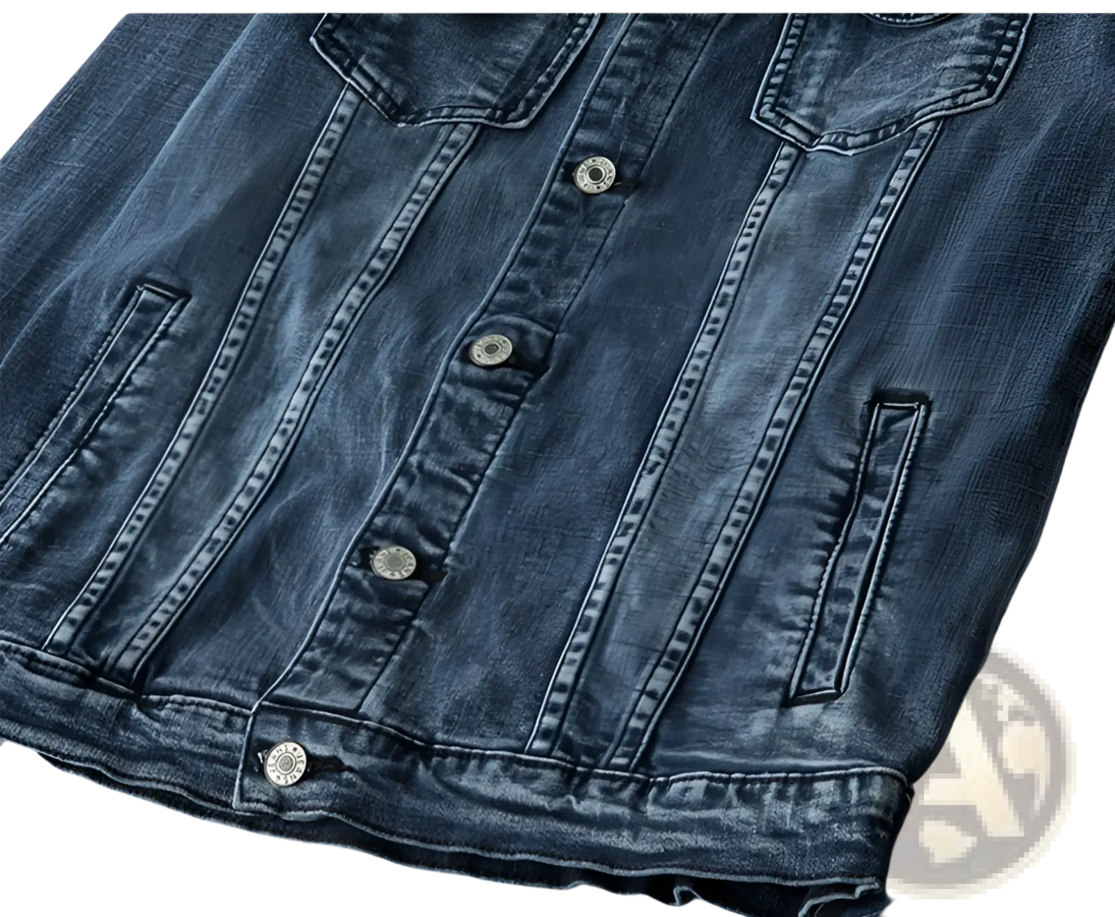 Plus size men dark blue denim jacket coat with silver toned buttons and stitched pockets made of denim material