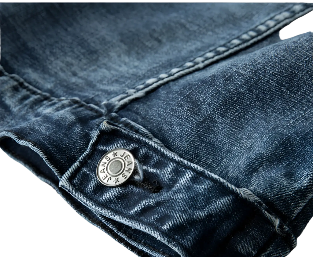 Plus size men dark blue denim jacket coat with dark-wash denim jeans featuring a silver button engraved jeans