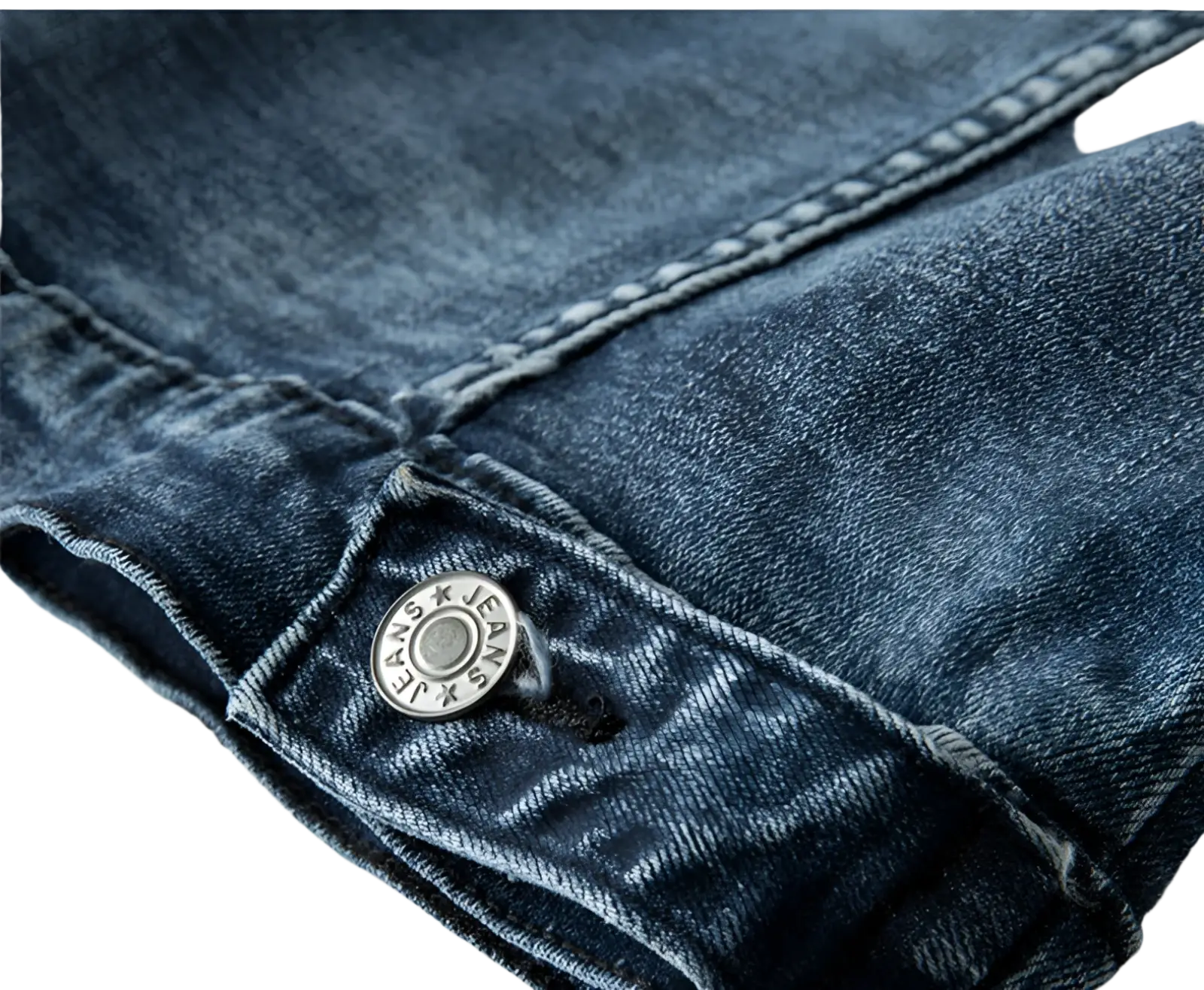 Plus size men dark blue denim jacket coat with dark-wash denim jeans featuring a silver button engraved jeans