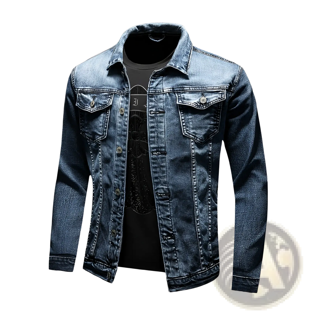 Plus size men dark blue denim jacket coat with medium wash, collar, front button closure, and two chest pockets