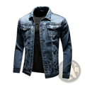Plus size men dark blue denim jacket coat with medium wash, collar, front button closure, and two chest pockets
