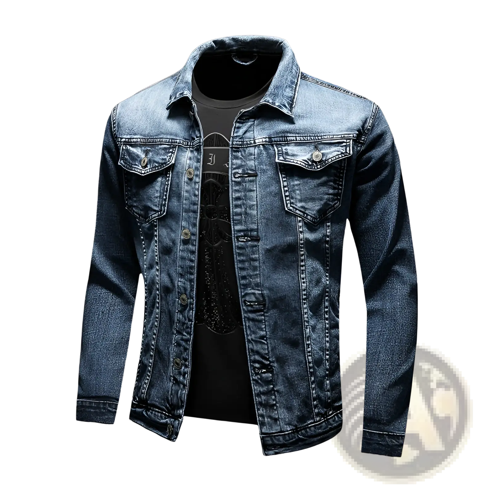 Plus size men dark blue denim jacket coat with medium wash, collar, front button closure, and two chest pockets