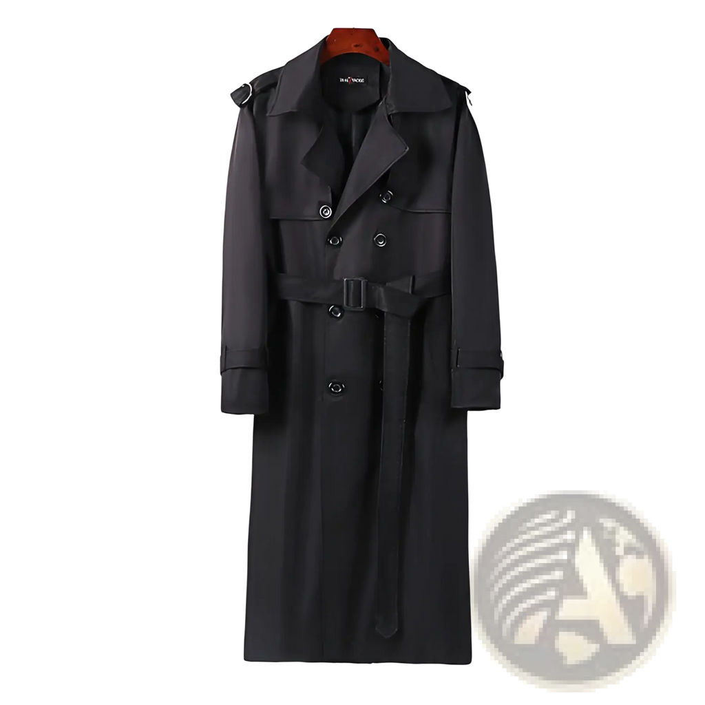 Plus size men trench coat thickened black double-breasted with belted waist and epaulets over-knee length
