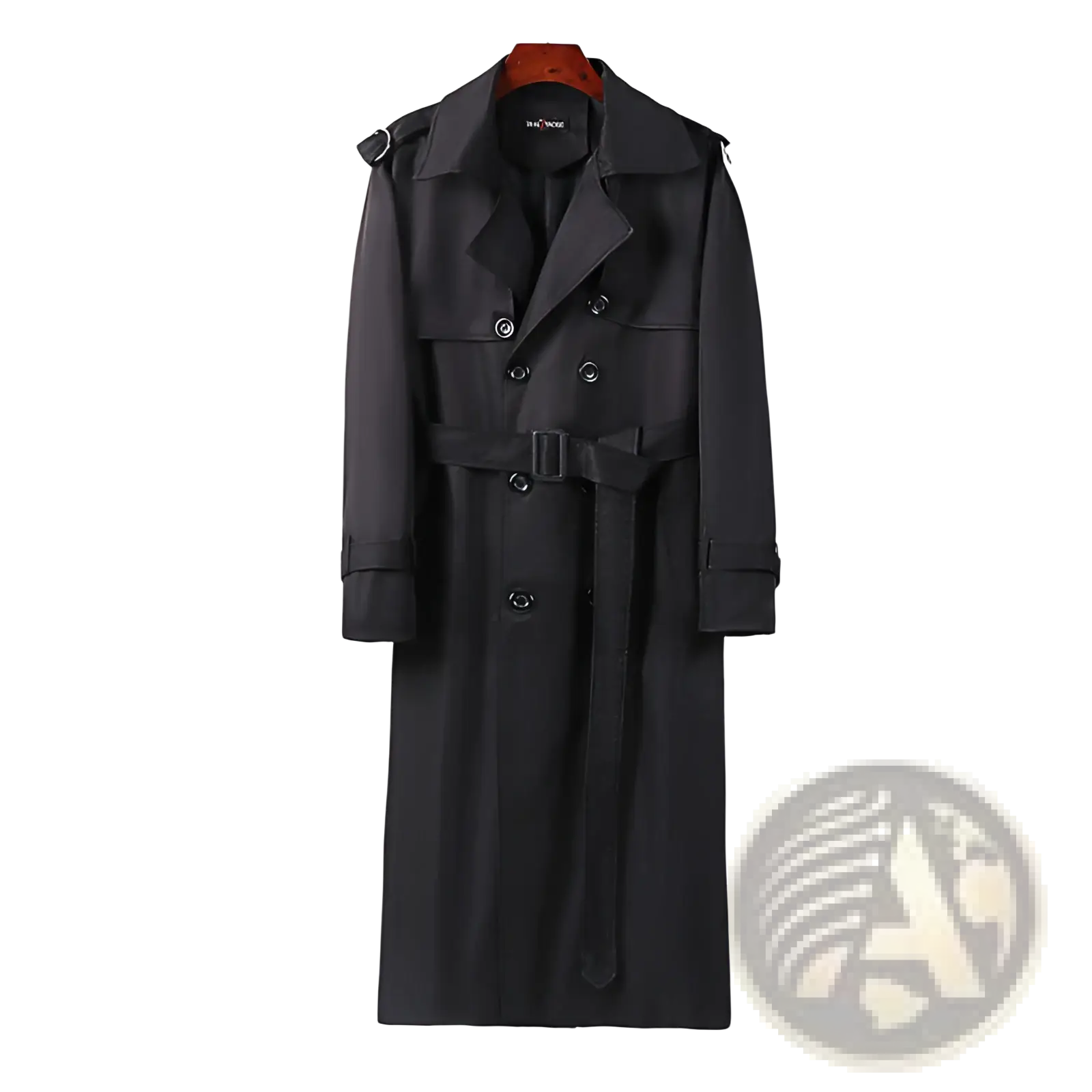 Plus size men trench coat thickened black double-breasted with belted waist and epaulets over-knee length