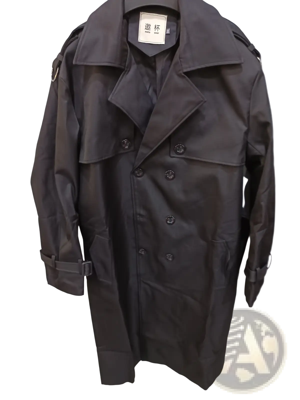 Plus size men trench coat thickened black over-knee with structured collar double-breasted front and shoulder epaulets