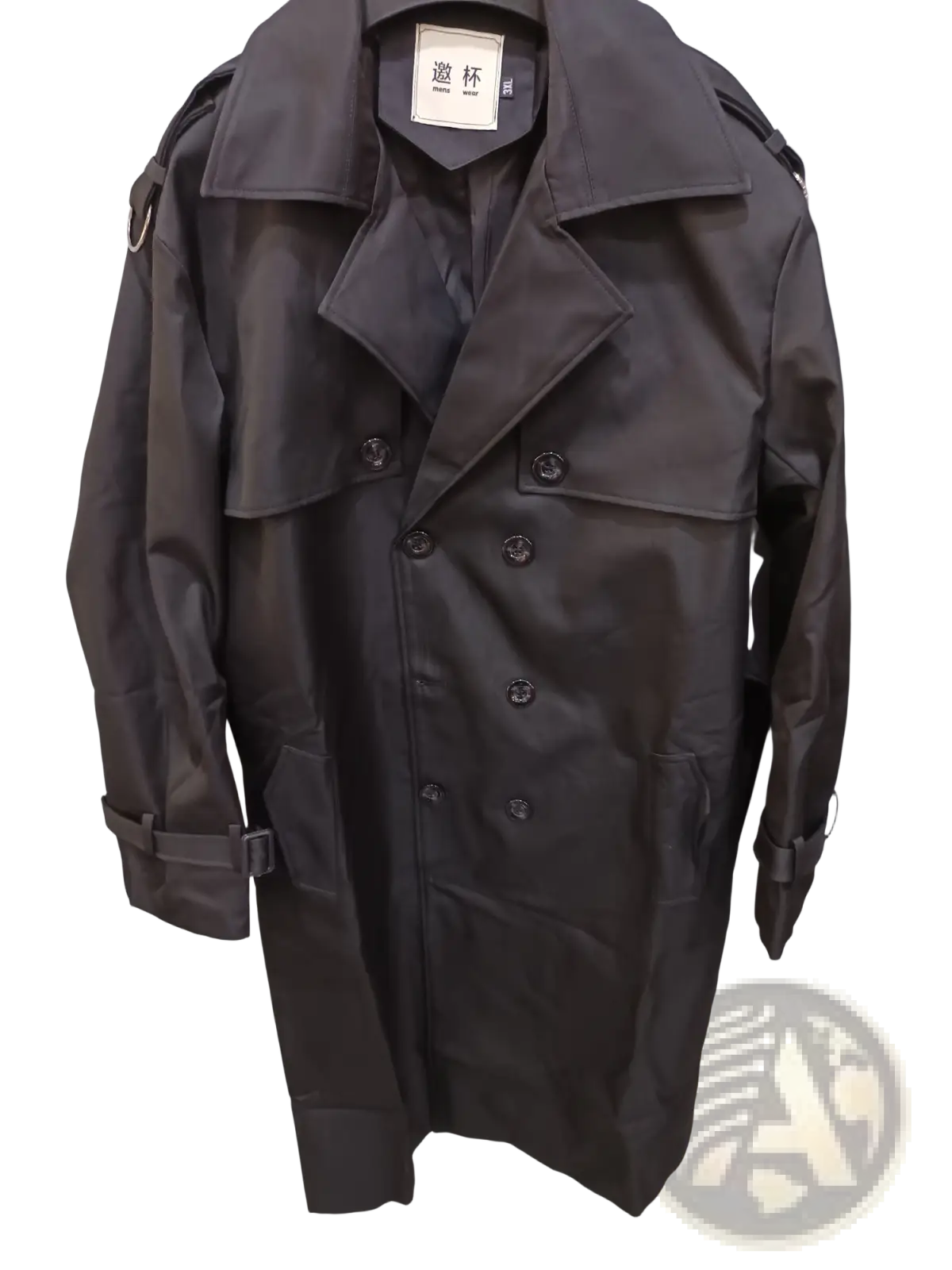 Plus size men trench coat thickened black over-knee with double-breasted front structured collar and belt-tied cuffs