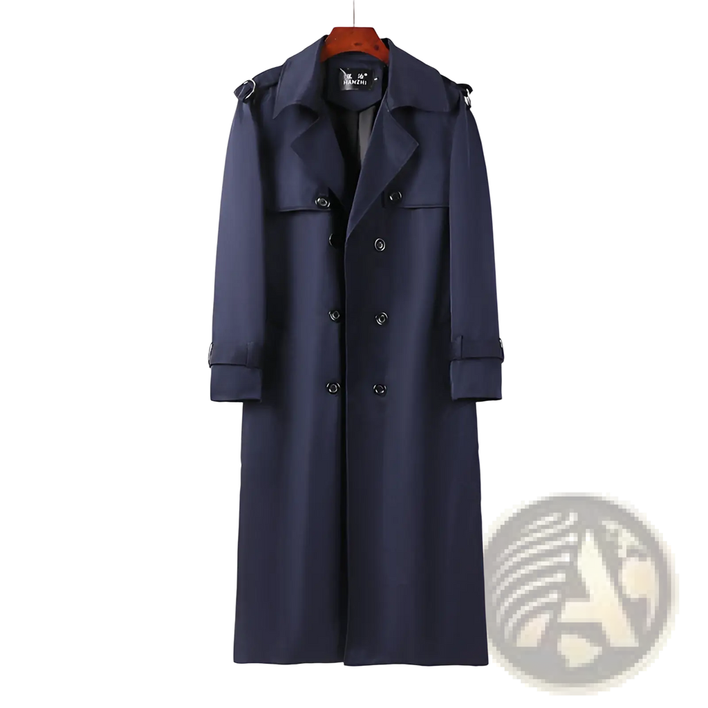 Plus size men trench coat navy blue double-breasted thickened fabric with black buttons and shoulder epaulets