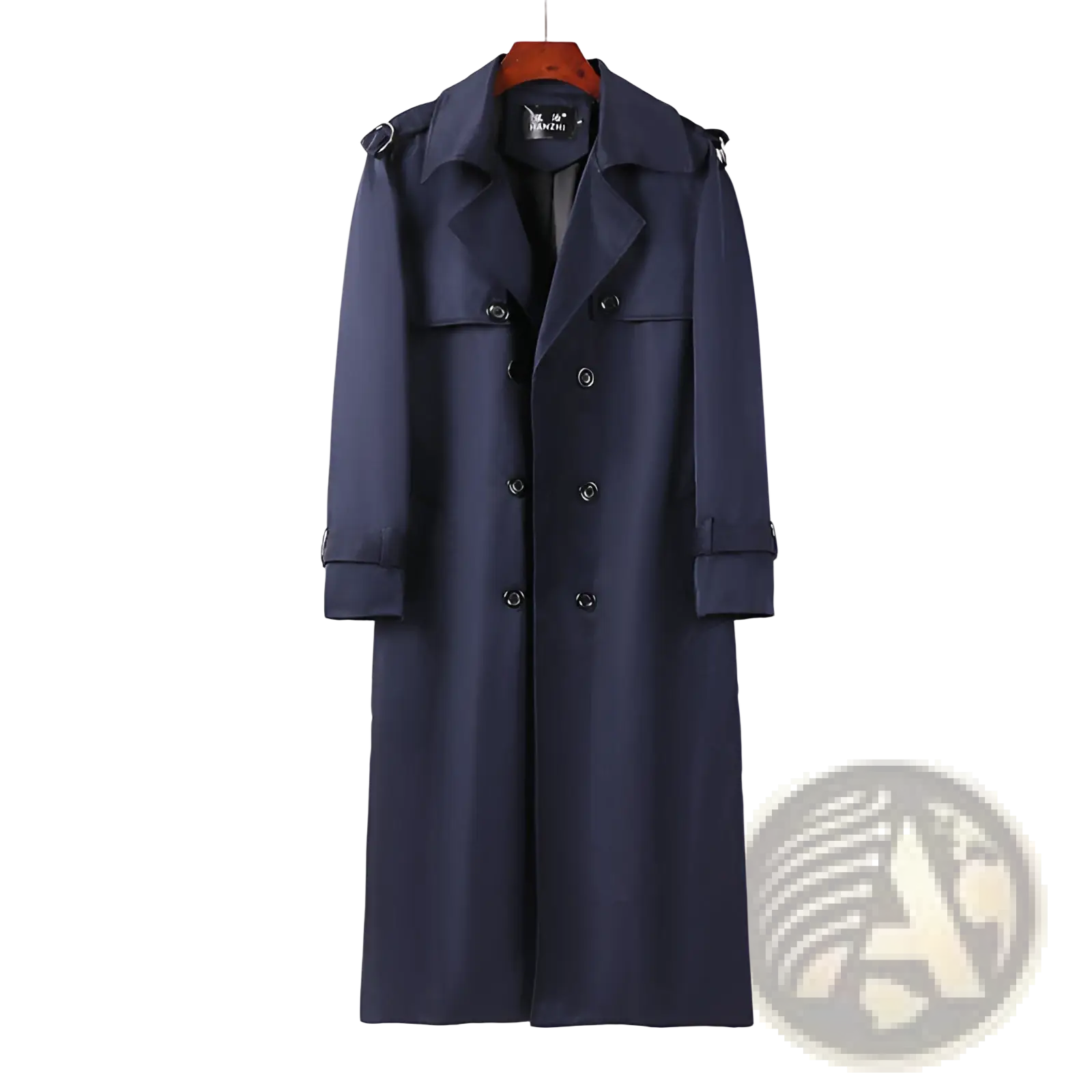 Plus size men trench coat navy blue double-breasted thickened fabric with black buttons and shoulder epaulets