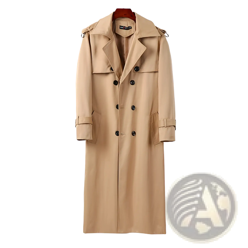 Beige trench coat with black buttons and shoulder straps shown from the back for plus size men thickened over-knee design